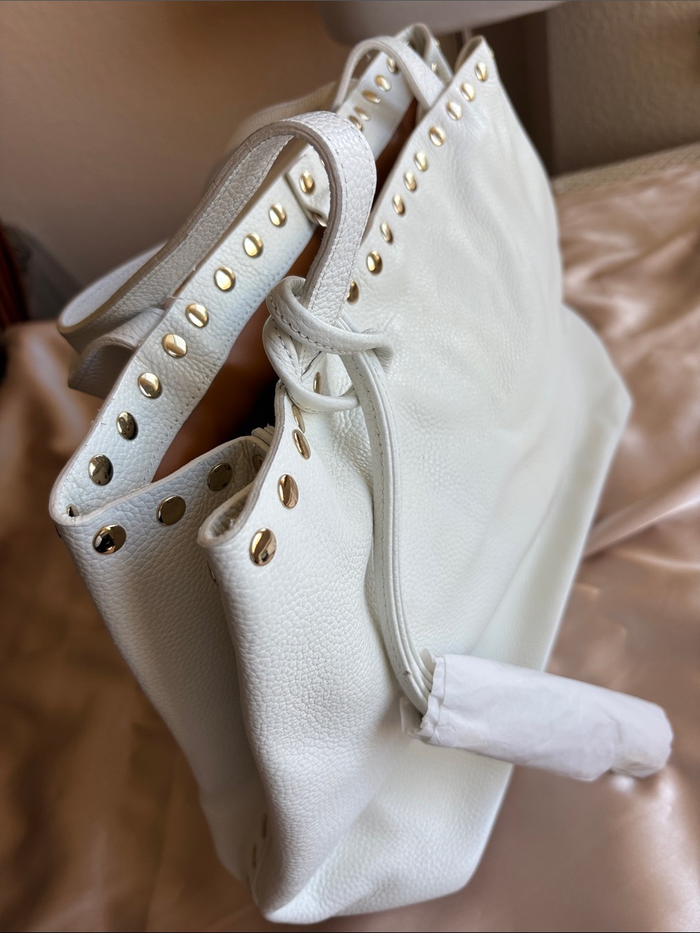 Laggo White Pebbled Leather Tote with Gold Studs 15”W x 11”H x 6” new